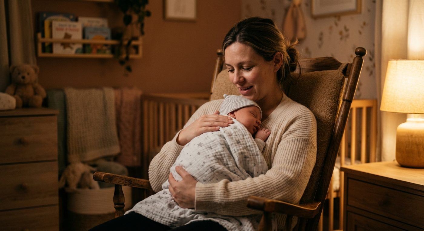 A parent singing quietly to a newborn in a nursery rocking chair