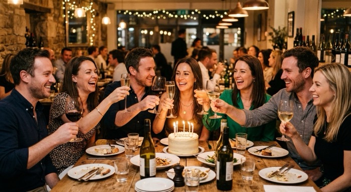 Friends raising glasses around a birthday cake at a restaurant