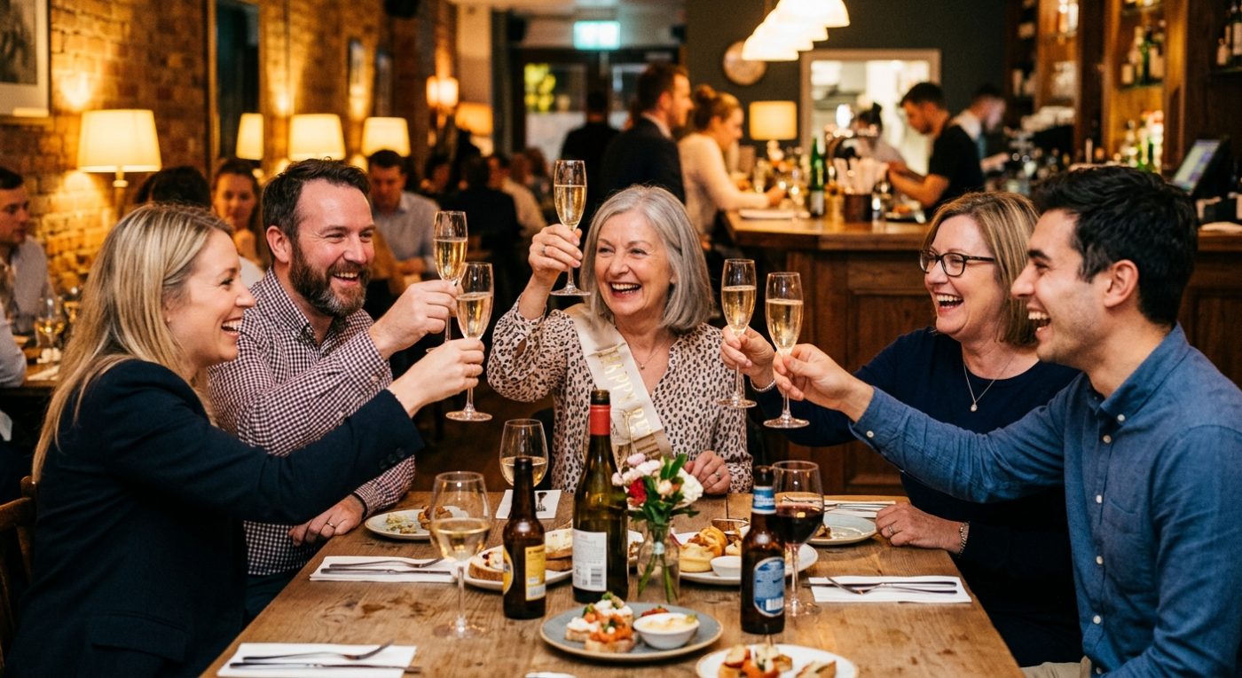 Coworkers raising glasses to a colleague at a retirement toast
